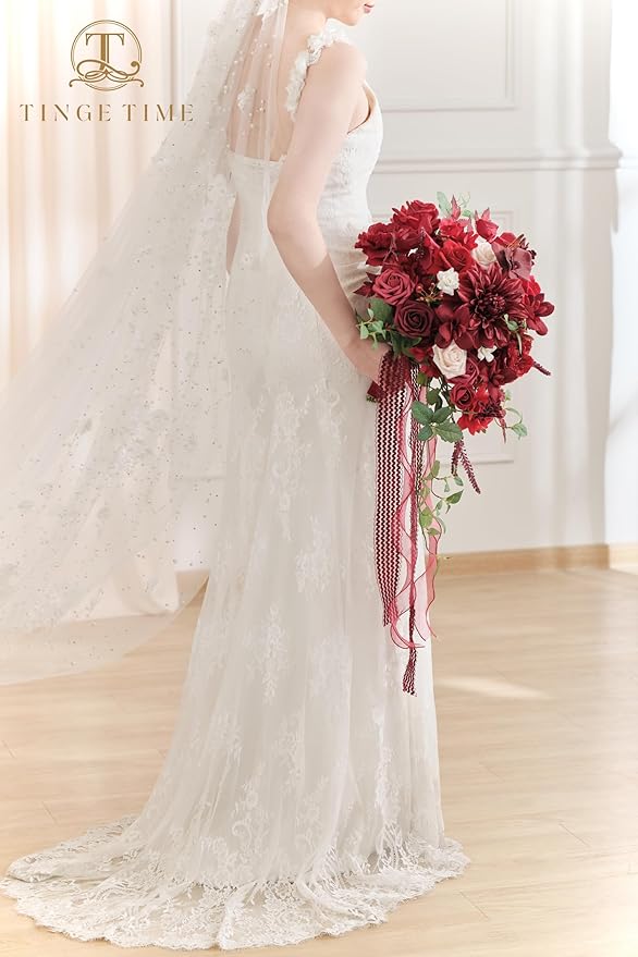 TINGE TIME 15 Inch Artificial Wedding Bouquets for Bride, Cascading Bouquet Wedding Bride Holding Flowers for Wedding Ceremony Anniversary, Bridal Shower and Party (Burgundy Red)