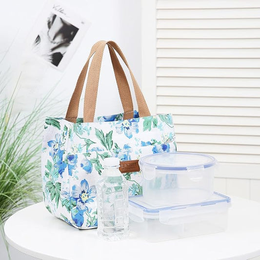 Dreubea Women's Floral Print Canvas Tote Bag - Small Reusable Shopping Handbag for Groceries, Takeout, Eco-Friendly Purse