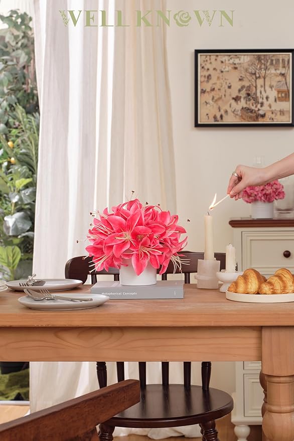 Artificial Flowers in Vase, Fake Lily Flowers with White Ceramic Vase, Small Potted Faux Floral Arrangements for Home Desk Kitchen Lavatory Coffee Tea Wedding Table Centerpiece Decor (Hot Pink)