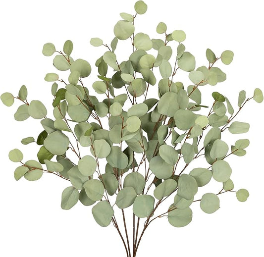 Green Eucalyptus Stems 34" Long Silver Dollar Leaves - 5 Pcs Silk Stems for DIY Bouquet Arrangements, Centerpieces, Shower Decorations - Artificial Spray