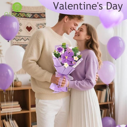 Alecono Crochet Flower Bouquet, Knitted Flowers, Purple Handmade Bouquet of Flowers for Lover Anniversary Birthday Party Mother's Day Graduation Gifts (Include Card)