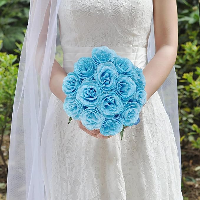 Light Blue Roses Artificial Flowers,30PCS Fake Glitter Roses with Stem for Wedding Bouquet Party Christmas Home Decor(Light Blue)