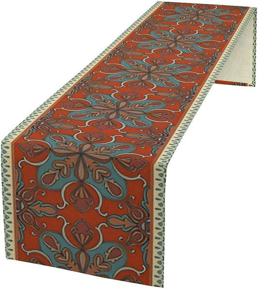 Boho Floral Table Runner, Burnt Orange Blue Traditional Ethnic Flower Vintage Farmhouse Table Runner for Kitchen Dining Wedding Party Decor, 13x108 Inch