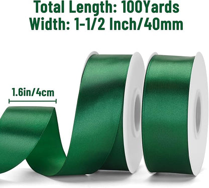 KINGLAKE Forest Green Satin Ribbon – 1 1/2'' x 100 Yards Polyester Dark Green Ribbon for Christmas Tree Green Christmas Ribbons for Gift Wrapping Wedding Party Decoration Crafts Floral Bouquets Wreath