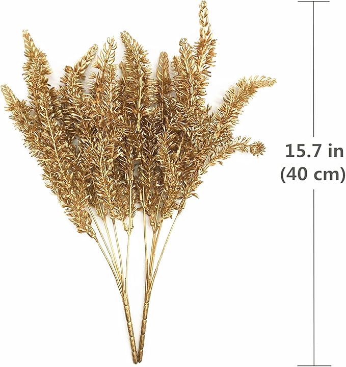 PASYOU Artificial Gold Plants Decor, Plastic Grass Faux Shrubs Simulation Lavender Leaves Indoor Outdoor Home Garden Planter Filler Party Hotel Verandah Wedding DIY Decoration - Golden 4 Pack