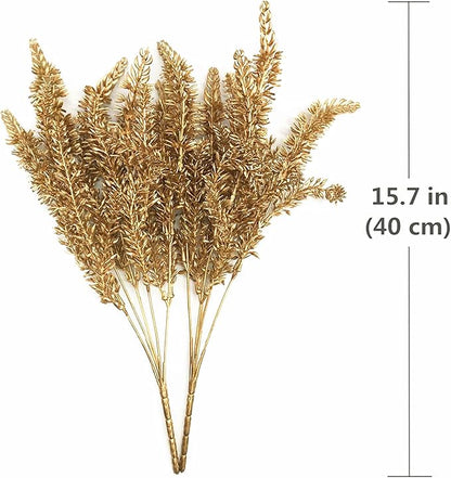 PASYOU Artificial Gold Plants Decor, Plastic Grass Faux Shrubs Simulation Lavender Leaves Indoor Outdoor Home Garden Planter Filler Party Hotel Verandah Wedding DIY Decoration - Golden 4 Pack