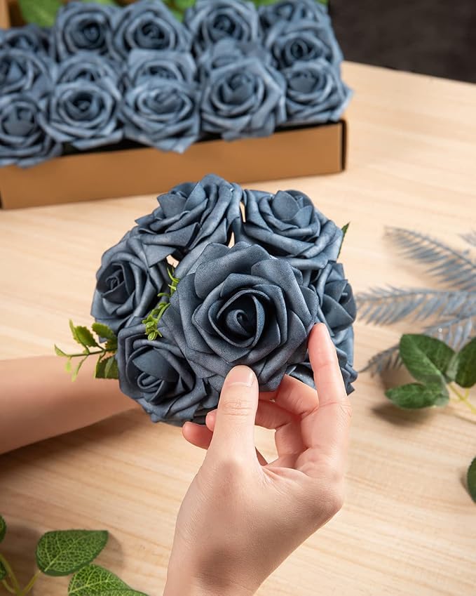 DuHouse 25Pcs Artificial Roses Flowers Fake Roses with Stems Real Touch Foam Flowers for DIY Wedding Bouquet Baby Shower Centerpiece Floral Arrangement Party Home Decor(Dusty Blue)