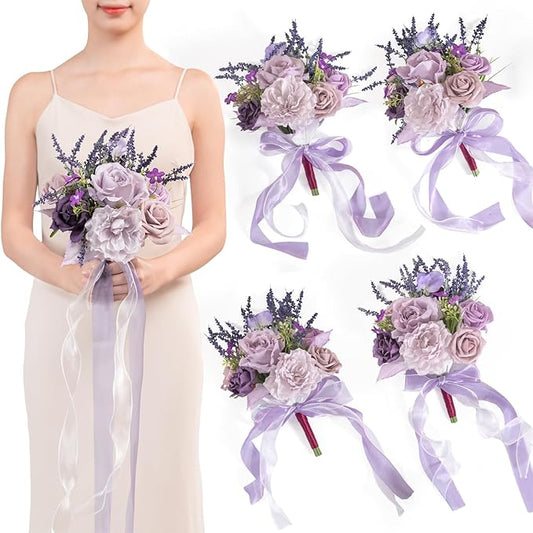 TINGE TIME 7 Inch Artificial Flowers Wedding Bouquets for Bridesmaid, Set of 4, Lavender Bride Tossing Bouquet for Rustic Wedding Ceremony Bridal Shower Rehearsal Dinner Vintage Party