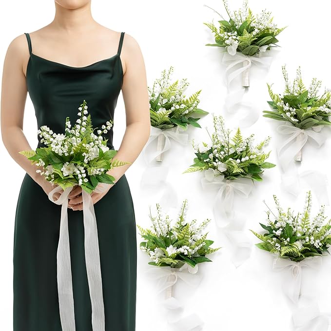 Ling's moment Bridesmaid Bouquet Set of 6, Bridal Bouquets for Bridesmaids, 7 Inch Wedding Bouquets for Bridesmaids, Wedding, Ceremony, Anniversary, etc.