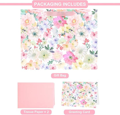 ASYEH NR 13" Large Size Floral Gift Bag Floral Flower Pattern Vintage Gift Bag with Greeting Card Tissue Paper for Girls Women Birthday Mother's Day Valentine's Day Anniversary Wedding Spring Supplies