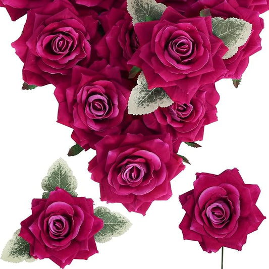 Hot Pink Roses 16pcs Artificial Velvet Roses Head Bulk Silk Flowers 4.3" Hot Pink Artificial Roses with Stems for Wedding Flowers for Centerpieces Home Party Decor (Hot Pink)