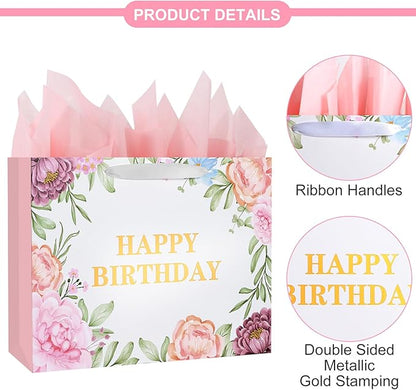 ASYEHJNR 13" Large Size Happy Birthday Gift Bag Metallic Gold Happy Birthday Sign with Floral Peony Flower Pattern Retro Gift Bag with Greeting Card and Tissue Paper and Handle for Girls Women Bday