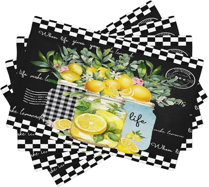 Lemon Fruit Placemats, Watercolour Lattice Black Minimalist Fruit Lemon Flower Plant Print Washable Fabric Placemats Table Kitchen Dining Party 12x18 Inch Set of 6