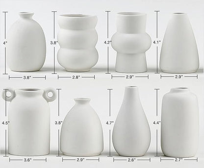 Set of 8 White Ceramic Bud Vases for Flowers, Pampas Grass Small Vases for Farmhouse Boho Decor, Decorative Vases for Centerpiece, Wedding Decoration, Home and Office, Room and Table Decor