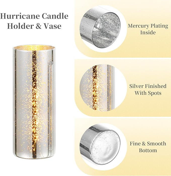 Glass Cylinder Vases Set of 12, Hewory Glittery Silver Vase for Centerpieces, Glass Hurricane Candle Holders for Pillar Floating Candle, Round Tall Vase for Wedding Anniversary Events Home Table Decor