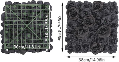 12PCS Black Rose Flower Wall Panels, 3D Artificial Silk Floral Background Decor for Wedding Party Indoor Outdoor Home Decoration (15x15in)