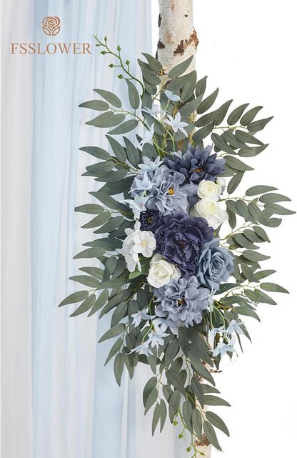 Wedding Arch Flowers with Drapes Kit (Pack of 5) - 2pcs Artificial Dusty Blue Deluxe Swag with 3pcs Sheer Drapes for Wedding Ceremony Backdrop Rose Floral Decoration Arbor Reception