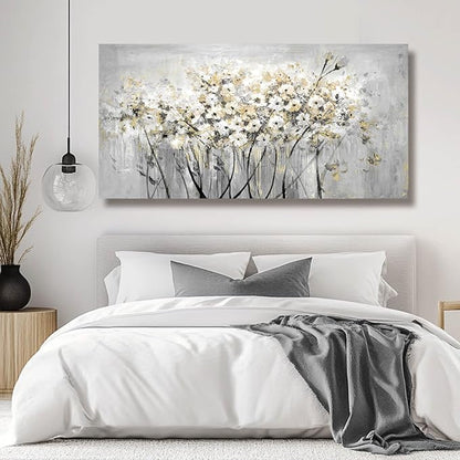 Flowers Canvas Wall Art White Paintings Grey Gold Contemporary Artwork Master Bedroom Wall Decor 29"x 58" Large Framed Art for Living Room Office Home Decor