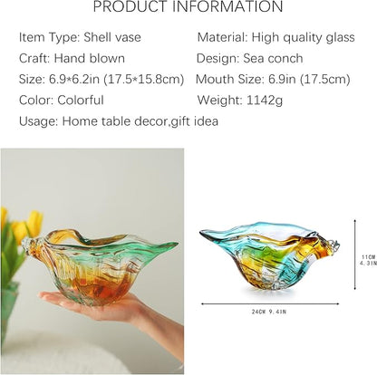 9inch Blown Glass Shell Vase,Handmade Seashell Potpourri Holder Art Glass Conch Seashell Figurine Collectibles Unique Conch Bowl for Home Decor Gift,Colorful