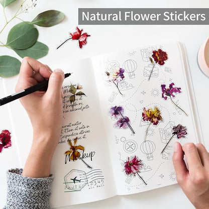 Transparent Flower Stickers for Scrapbooking PET Nature Plant Stickers Floral Stickers Vintage Craft Sticker Colorful Small Flower Sticker for Journaling Scrapbooking Clear Flower Decals(Style C)