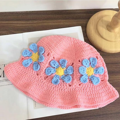 Crochet Bucket Hat for Women Flower Knit Hat Hollow Out Foldable Cap Hats