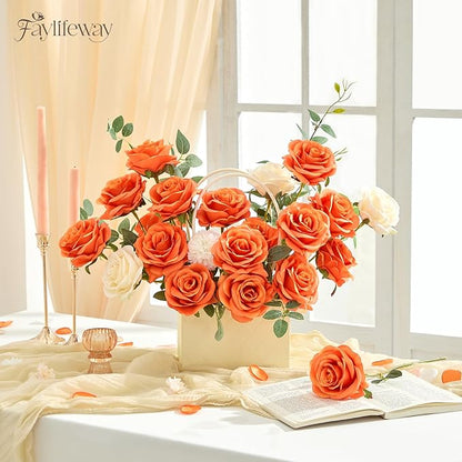 20PCS Artificial Light Orange Roses, 3.9'' Silk Flower Head Fake Light Orange Rose with Long Stems, Realistic Faux Roses Bouquet for Mother's Day DIY Wedding Home Party Office Decoration