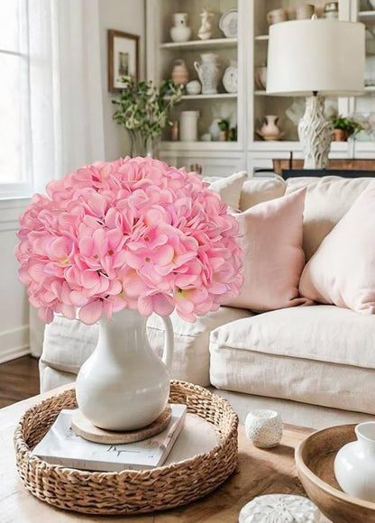 Hollyone 6 Pcs Pink Hydrangea Artificial Flowers Heads with Stems Silk Faux Hydrangea Pink Fake Flowers for Home Indoor Outdoor DIY Floral Wedding Flower Bouquets Kitchen Table Centerpiece Decor