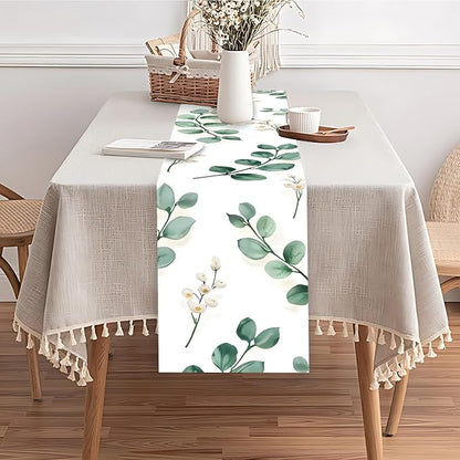 Eucalyptus Table Runner with White Berries – 13x72 Inch Greenery-Inspired Linen-Look Fabric, Rustic Farmhouse Table Decor for Dining Room, Kitchen, Wedding, Spring & Everyday Use