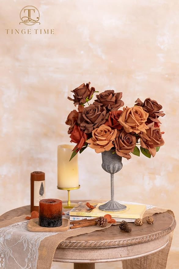 TINGE TIME Artificial Flowers Combo Box Set 16pcs Fake Rose Silk Flower with Stem for DIY Wedding Bouquets Centerpieces Baby Shower Party Home Fall Decoration (Gradient Terracotta)
