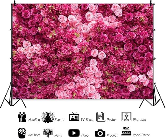 Hot Pink Red Rose Flower Backdrop Flower Wall Backdrop for Girls Woman Birthday Wedding Anniversary Bridal Shower Party Decorations Photo Booth Studio Props Vinyl 15x8ft