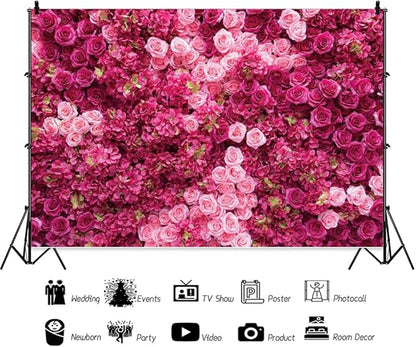 Hot Pink Red Rose Flower Backdrop Flower Wall Backdrop for Girls Woman Birthday Wedding Anniversary Bridal Shower Party Decorations Photo Booth Studio Props Vinyl 15x8ft