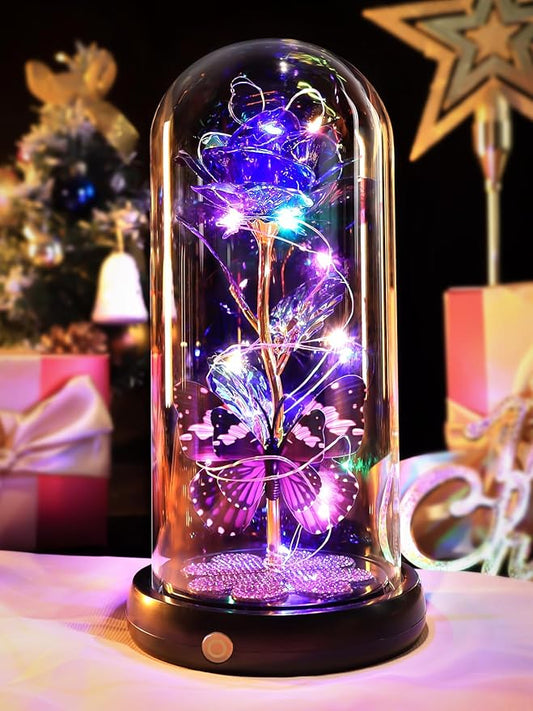 Christmas Rose Gifts for Women, Womens Gift for Christmas Rechargeable Galaxy Glass Rose Light Up Roses In Glass Dome Crystal Flower Butterfly Birthday Xmas Gifts for Women Wife Grandma Sister Purple