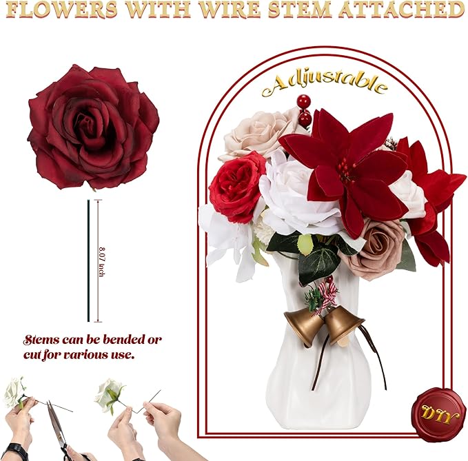 Artificial Flowers Combo Box, Fake Silk Foam Flower Mix with Wire Stem, DIY Wedding Bridal Bouquet Shower Party Home Décor (30-40 Pieces) (Xmas Theme)