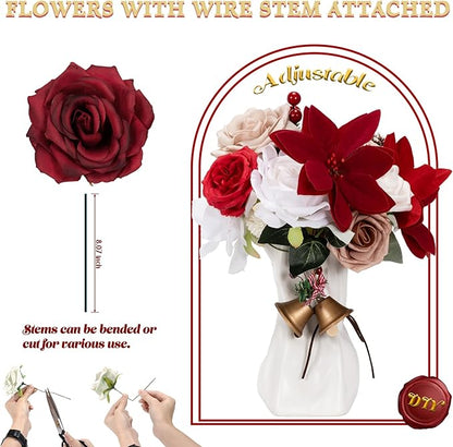 Artificial Flowers Combo Box, Fake Silk Foam Flower Mix with Wire Stem, DIY Wedding Bridal Bouquet Shower Party Home Décor (30-40 Pieces) (Xmas Theme)