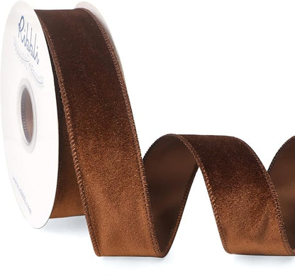 Ribbli Brown Velvet Wired Ribbon 1.5 Inch Velvet with Satin Christmas Ribbon for Gift Wrapping Christmas Tree Decoration Crafts Wreaths Supplies-Continuous 10 Yards