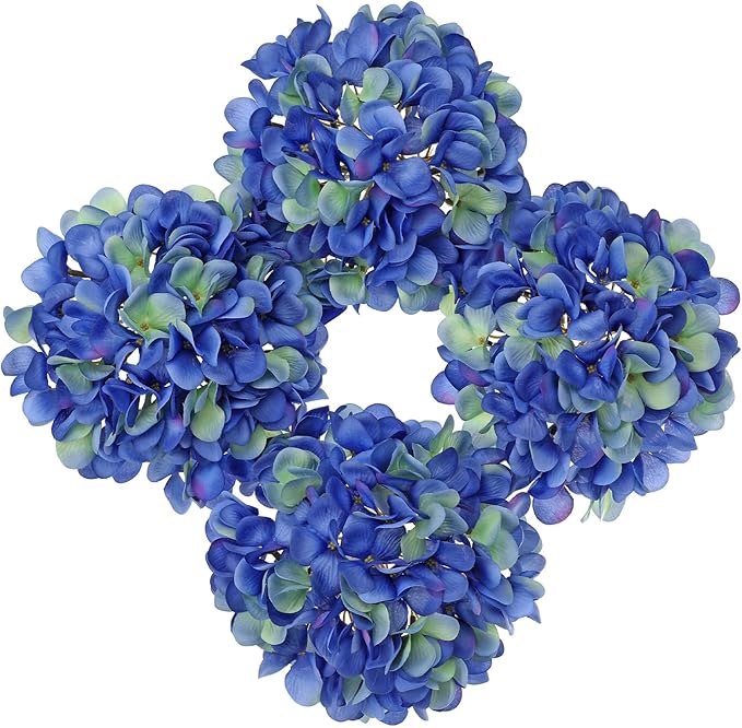 Hollyone Blue Silk Hydrangea Artificial Flowers Heads 7.4inch Large Fake Hydrangea 4Pcs Full Faux Flowers with Stems for Wedding Party Table Centerpieces Flower Arrangement Home Decor