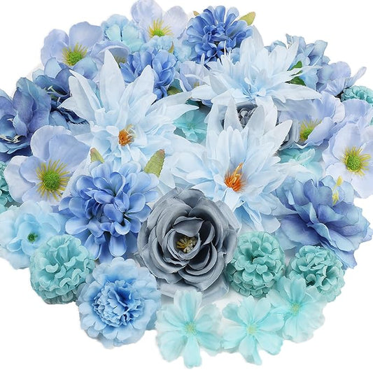 56 PCS Faux Flower Heads Combo Blue Silk Flowers Mix Peony Rose Hydrangea Fake Florals for DIY Crafts Wedding Bouquets Centerpieces Arrangements Party Bridal Baby Shower Home Decorations