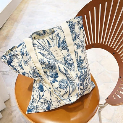 Cotton Canvas Tote Bag Reusable Soft Grocery Cloth Bag Floral Shoulder Bag for Beach Travel Shopping
