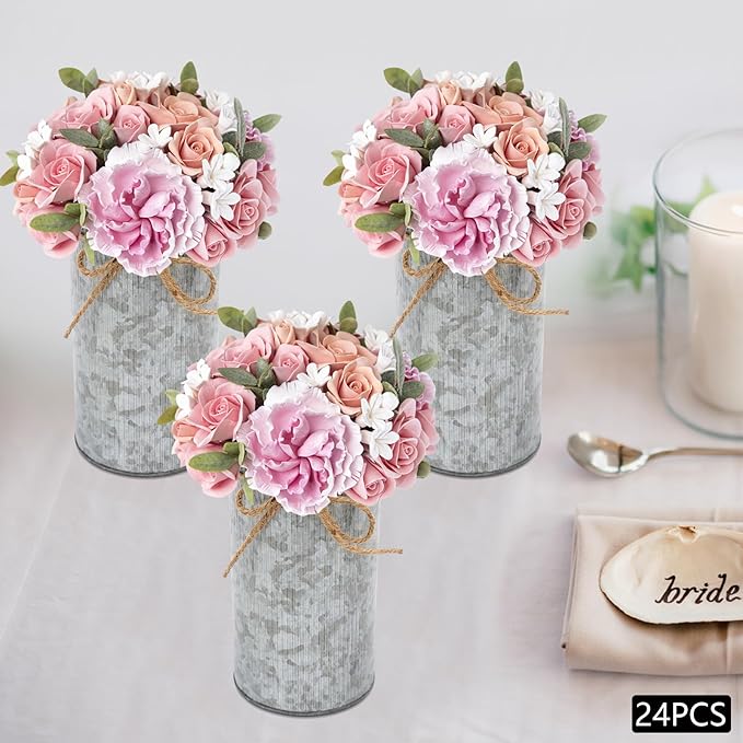 6inch High Farmhouse Vase Decor,Vintage Flower Vase with Twine Bow Rustic Metal Buckets for Artificial Flowers for Table Centerpiece Weddings