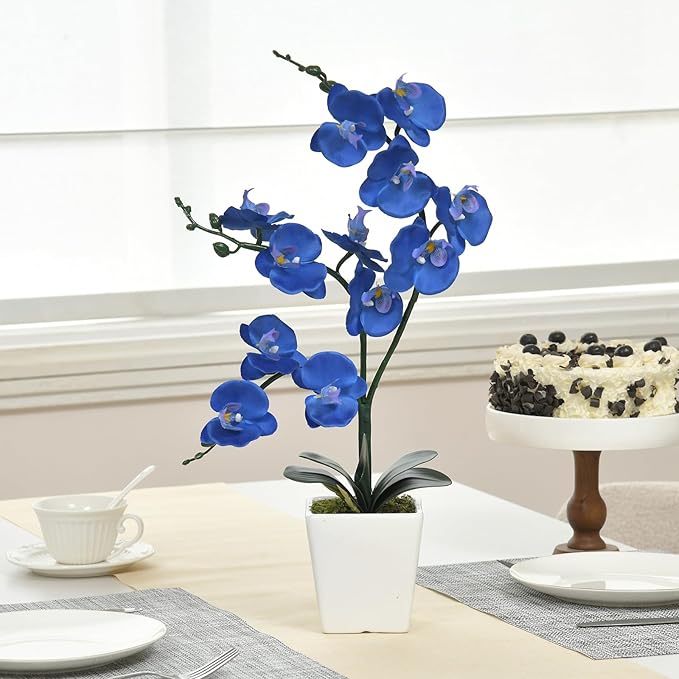 15" Tall Artificial Silk Phalaenopsis Orchid Flower Plant Pot Arrangements (Navy Blue)