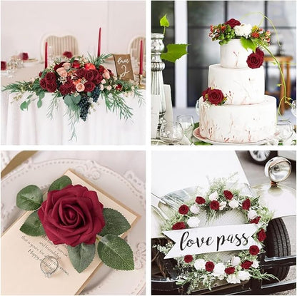 N&T NIETING Artificial Flowers, 25Pcs Fake Flowers Roses Perfect DIY Wedding Bouquets Centerpieces Bridal Shower Party Valentine's Day Home Flower Arrangement Decorations, Dark Red