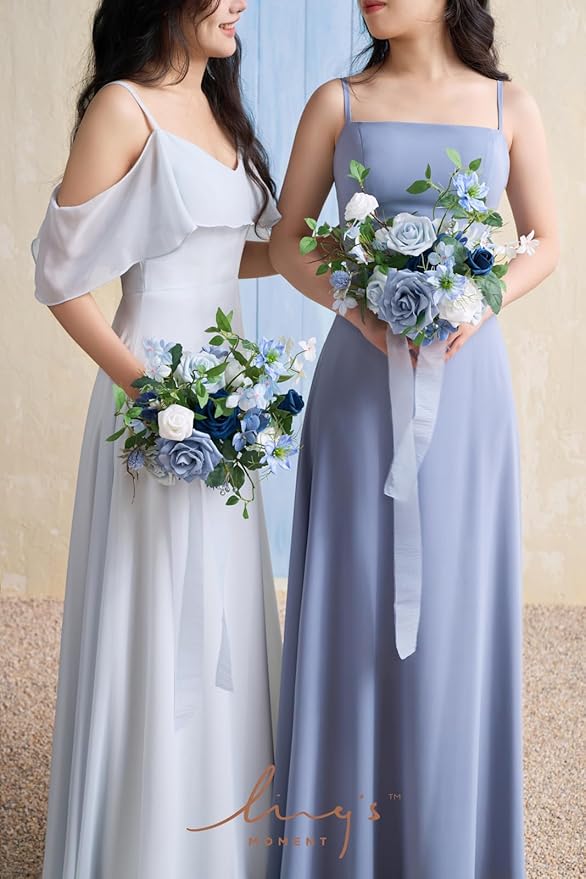 Ling's moment Artificial Flowers Dusty Blue Bridesmaid Bouquet Set of 4, Blue & Ivory Wedding Flowers Bouquets for Bridesmaids, 7 Inch Bridal Bouquets for Bridesmaids, Wedding, etc