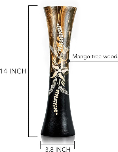 AeraVida Hand Carved Tropical Flower 14-inch Curved Cylindrical Wooden Vase Brown