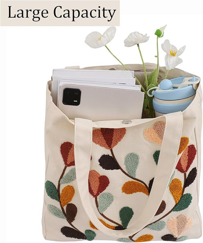 Aesthetic Embroidery Tote Bag for Lady Cute Reusable Canvas Shoulder Bag for Girls Women Shopping Grocery