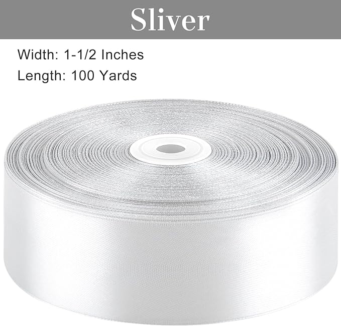 1-1/2 Inches 100 Yards Silver Satin Ribbon, Solid Fabric Ribbon Roll for Flower Bouquets, Gift Wrapping, Wedding, Handmade Crafts