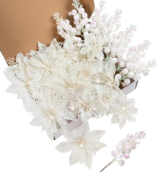 22Pcs Christmas Poinsettia Artificial Flowers and Glitter Berries Stems Kit, 16Pcs Glitter Christmas Tree Flowers Ornaments and 6 Pack Christmas Tree Picks for Wedding Xmas Holiday Decorations(White)