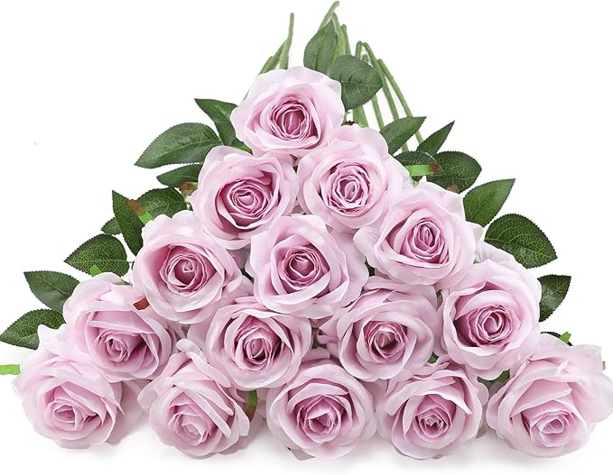 Hawesome Fake Roses Artificial Silk Flowers - 12 Pcs Pink Roses Artificial Faux Flowers with Stems for Home Wedding Centerpiece Hotel Office Decor