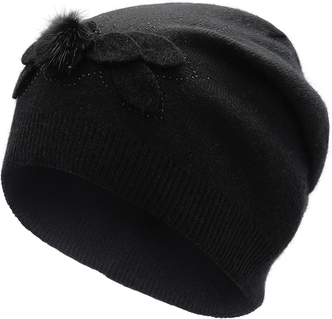 ZLYC Women Floral Slouchy Beanie Hat Double Layer Winter Knit Skull Cap