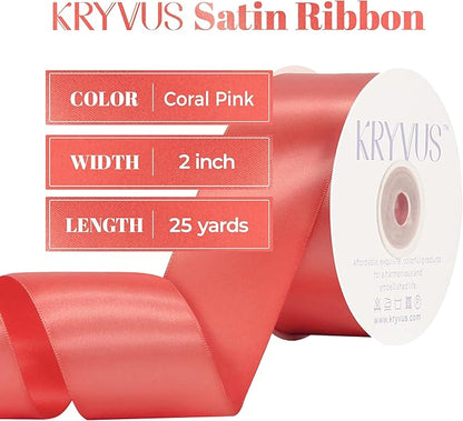 Coral Satin Ribbon, Double Faced 2 Inch X 25 Yards Coral Ribbon, for Gift Wrapping, Crafts, Hair Bow Making, Sewing, Flower Bouquet, Wedding Party Decor