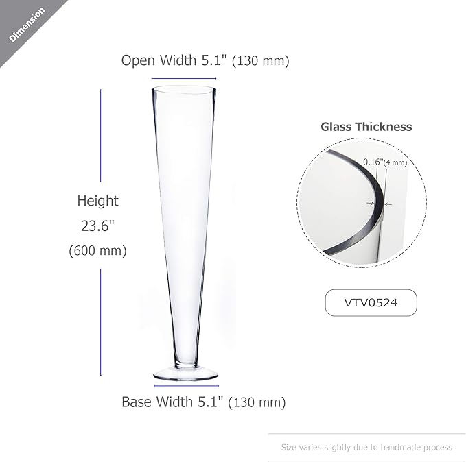 WGV Trumpet Glass Vase Bulk, Open 5", Height 23.5", (Multiple Sizes Choices) Clear Tall Pilsner Floral Planter Container Centerpiece, Wedding Event Home Decor, 6 Pieces (VTV0524)